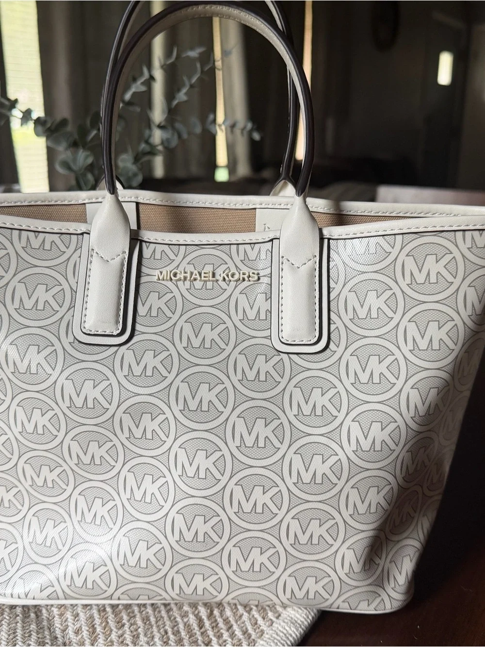 Michael Kors White and Tan MK Logo Tote
